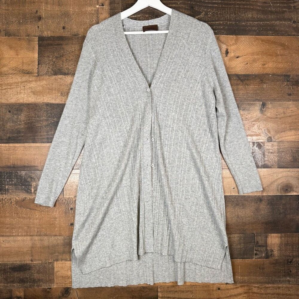 Kerisma Womens M/L Button Front Wool Blend Cardigan Sweater Gray Ribbed Longline